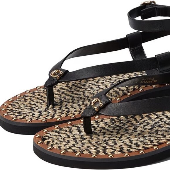 COACH Gracey Black and Brown Leather Thong Sandals w/ Gold Studs, size 9 - Picture 4 of 12